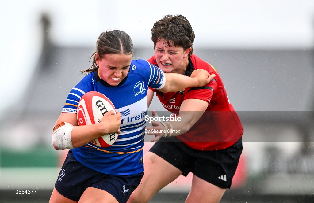 29 August 2026; Robyn O'Connor of Leinster in action against Caitríona Finn of Munster during the Vodafone Womens Interprovincial Championship final match between Munster and Leinster at Dexcom Stadium in Galway. Photo by Shauna Clinton/Sportsfile