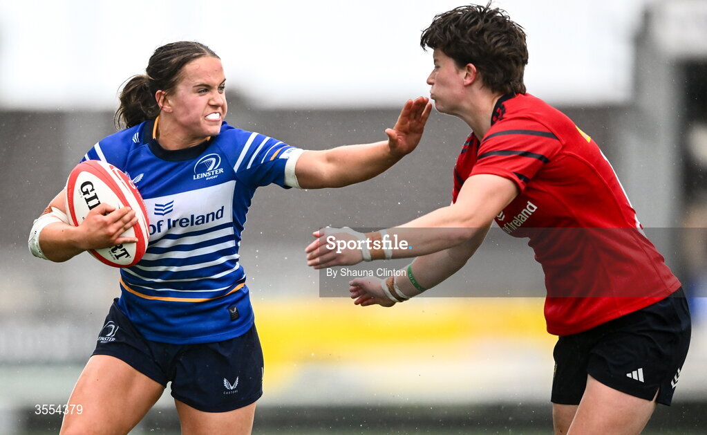 29 August 2026; Robyn O'Connor of Leinster in action against Caitríona Finn of Munster during the Vodafone Womens Interprovincial Championship final match between Munster and Leinster at Dexcom Stadium in Galway. Photo by Shauna Clinton/Sportsfile