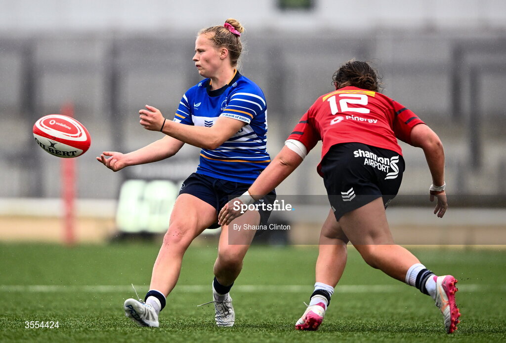 29 August 2026; Dannah O'Brien of Leinster in action against Enya Breen of Munster during the Vodafone Womens Interprovincial Championship final match between Munster and Leinster at Dexcom Stadium in Galway. Photo by Shauna Clinton/Sportsfile