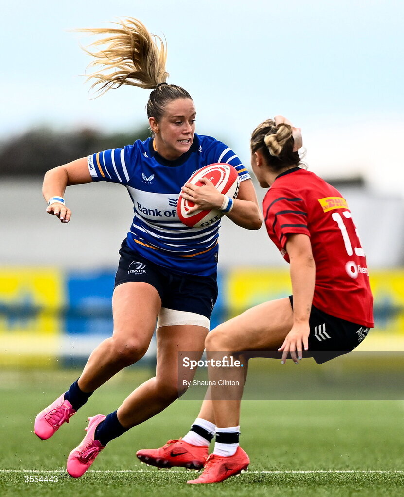 29 August 2026; Stacey Flood of Leinster in action against Lucia Linn of Munster during the Vodafone Womens Interprovincial Championship final match between Munster and Leinster at Dexcom Stadium in Galway. Photo by Shauna Clinton/Sportsfile