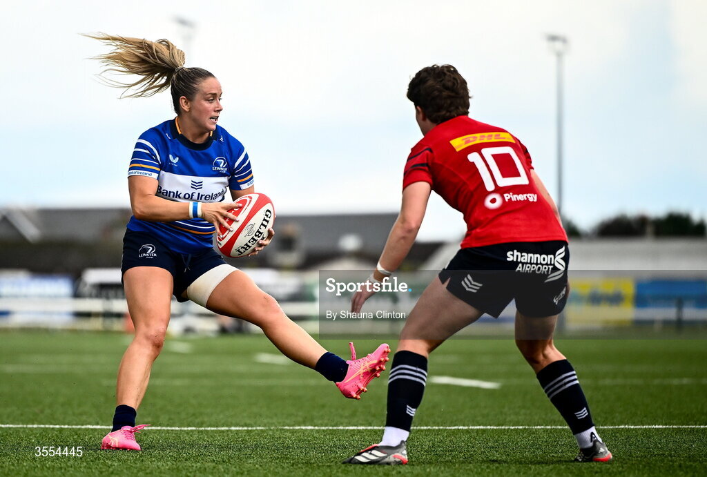 29 August 2026; Stacey Flood of Leinster in action against Caitríona Finn of Munster during the Vodafone Womens Interprovincial Championship final match between Munster and Leinster at Dexcom Stadium in Galway. Photo by Shauna Clinton/Sportsfile