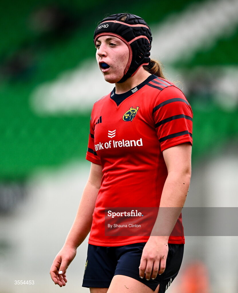 29 August 2026; Sally Kelly of Munster during the Vodafone Womens Interprovincial Championship final match between Munster and Leinster at Dexcom Stadium in Galway. Photo by Shauna Clinton/Sportsfile