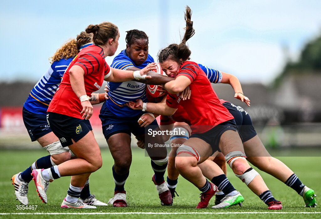 29 August 2026; Linda Djougang of Leinster is tackled by Maeve Óg O’Leary of Munster during the Vodafone Womens Interprovincial Championship final match between Munster and Leinster at Dexcom Stadium in Galway. Photo by Shauna Clinton/Sportsfile