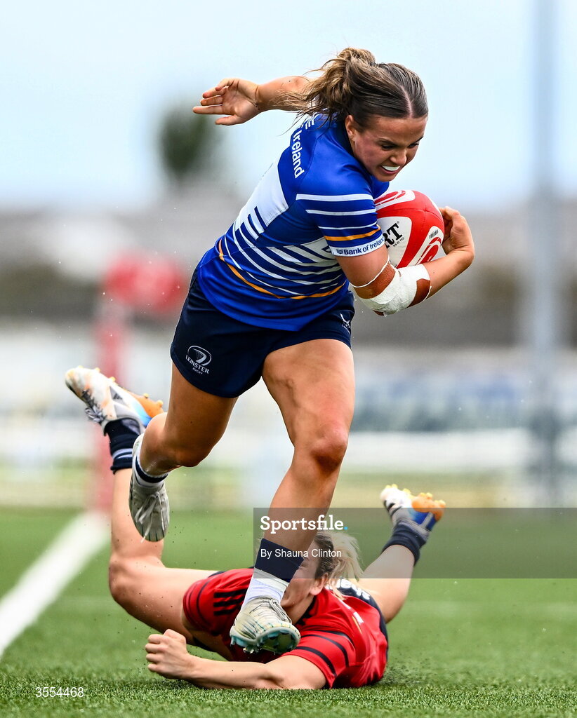 29 August 2026; Robyn O'Connor of Leinster evades the tackle of Lucia Linn of Munster during the Vodafone Womens Interprovincial Championship final match between Munster and Leinster at Dexcom Stadium in Galway. Photo by Shauna Clinton/Sportsfile