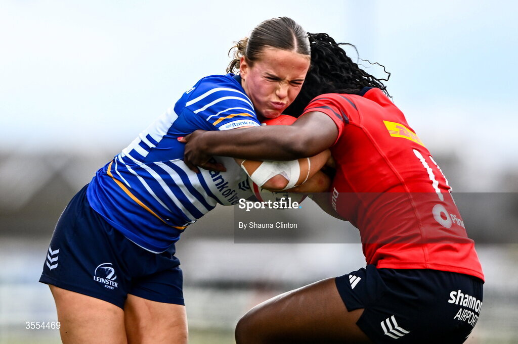 29 August 2026; Robyn O'Connor of Leinster in action against Chisom Ugwueru of Munster during the Vodafone Womens Interprovincial Championship final match between Munster and Leinster at Dexcom Stadium in Galway. Photo by Shauna Clinton/Sportsfile