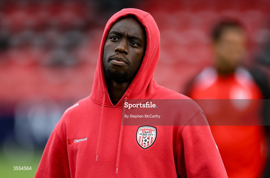 30 August 2026; James Olayinka of Derry City before the SSE Airtricity Men’s Premier Division match between Derry City and Shamrock Rovers at The Ryan McBride Brandywell Stadium in Derry. Photo by Stephen McCarthy/Sportsfile