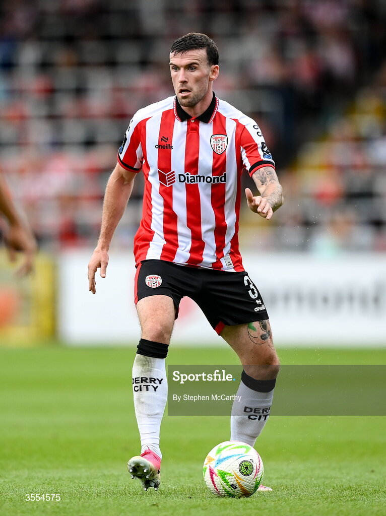 30 August 2026; Patrick McClean of Derry City during the SSE Airtricity Men’s Premier Division match between Derry City and Shamrock Rovers at The Ryan McBride Brandywell Stadium in Derry. Photo by Stephen McCarthy/Sportsfile