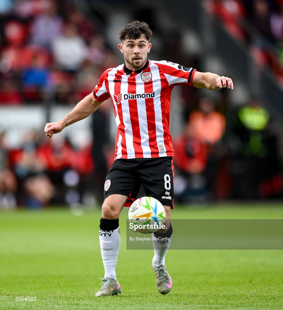 30 August 2026; Adam O'Reilly of Derry City during the SSE Airtricity Men’s Premier Division match between Derry City and Shamrock Rovers at The Ryan McBride Brandywell Stadium in Derry. Photo by Stephen McCarthy/Sportsfile
