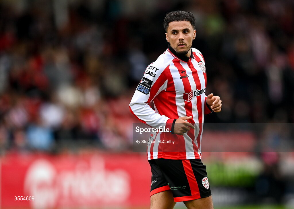 30 August 2026; Tyler Smith of Derry City during the SSE Airtricity Men’s Premier Division match between Derry City and Shamrock Rovers at The Ryan McBride Brandywell Stadium in Derry. Photo by Stephen McCarthy/Sportsfile
