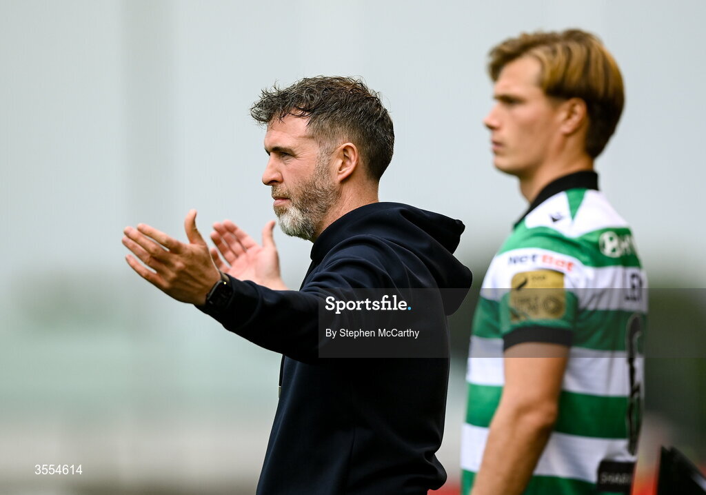 30 August 2026; Shamrock Rovers manager Stephen Bradley and Daniel Cleary during the SSE Airtricity Men’s Premier Division match between Derry City and Shamrock Rovers at The Ryan McBride Brandywell Stadium in Derry. Photo by Stephen McCarthy/Sportsfile