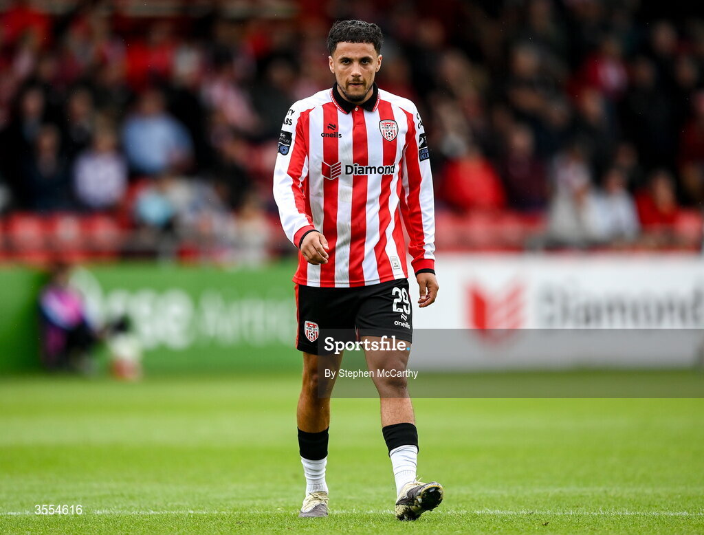 30 August 2026; Tyler Smith of Derry City during the SSE Airtricity Men’s Premier Division match between Derry City and Shamrock Rovers at The Ryan McBride Brandywell Stadium in Derry. Photo by Stephen McCarthy/Sportsfile