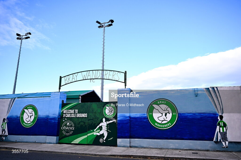 4 September 2026; A general view of a logo outside the ground before the SSE Airtricity Men’s First Division match between Bray Wanderers and Cork City at Carlisle Grounds in Bray, Wicklow. Photo by Piaras Ó Mídheach/Sportsfile