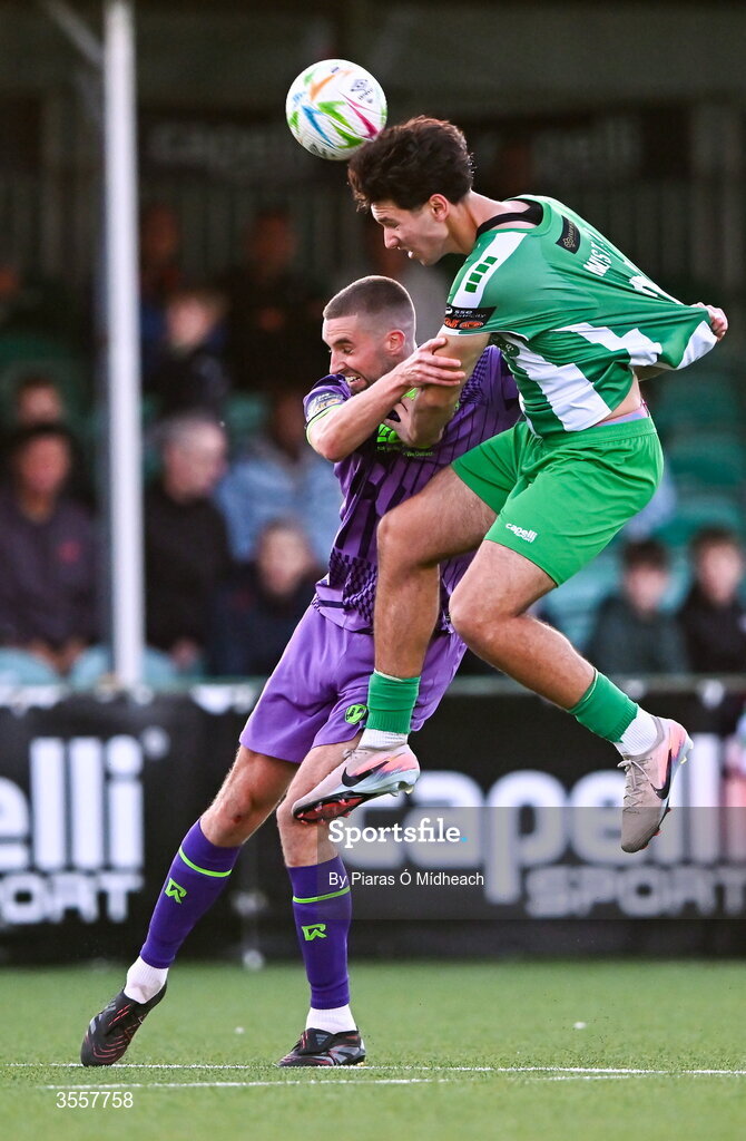4 September 2026; Endri Mustali of Bray Wanderers in action against Fiacre Kelleher of Cork City during the SSE Airtricity Men’s First Division match between Bray Wanderers and Cork City at the Carlisle Grounds in Bray, Wicklow. Photo by Piaras Ó Mídheach/Sportsfile