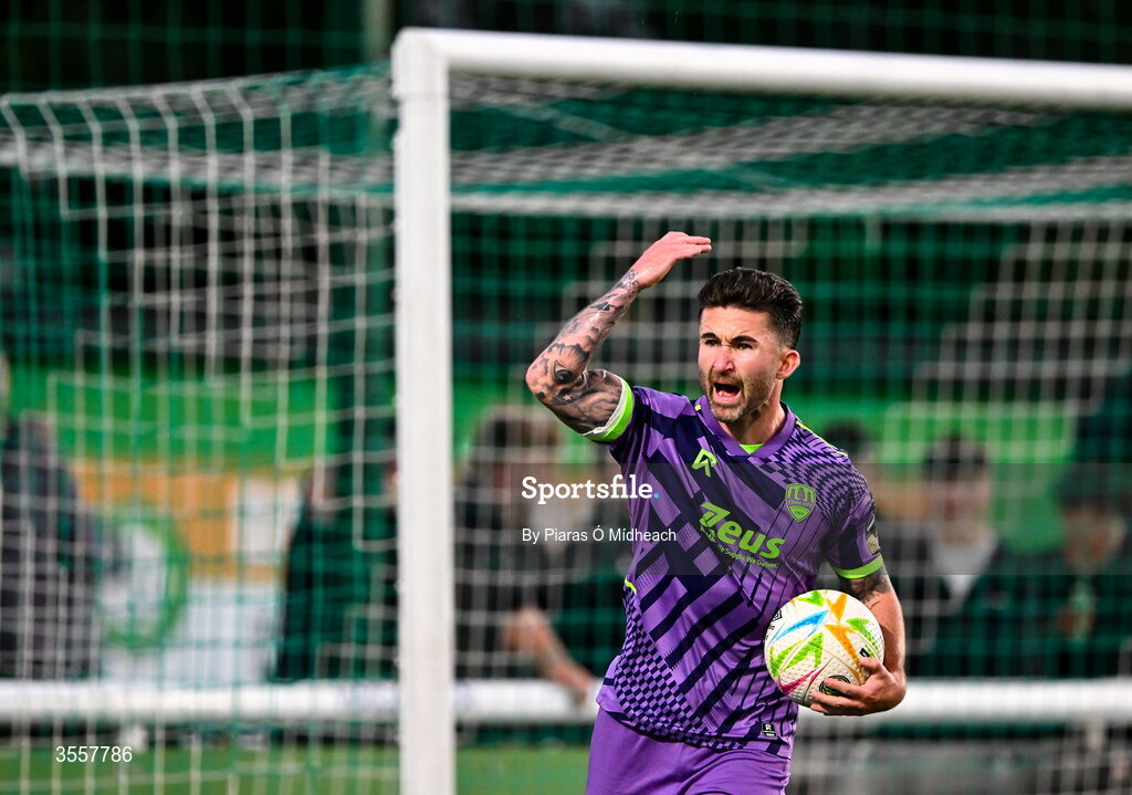 4 September 2026; Seani Maguire of Cork City celebrates after scoring his side's first goal, an equaliser, during the SSE Airtricity Men’s First Division match between Bray Wanderers and Cork City at the Carlisle Grounds in Bray, Wicklow. Photo by Piaras Ó Mídheach/Sportsfile