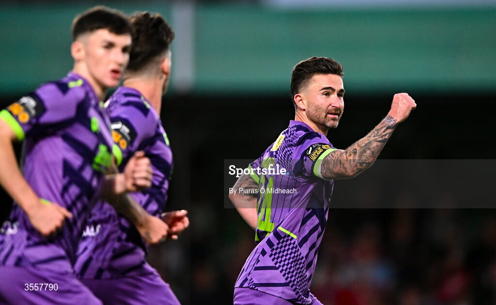 4 September 2026; Seani Maguire of Cork City celebrates after scoring his side's first goal, an equaliser, during the SSE Airtricity Men’s First Division match between Bray Wanderers and Cork City at the Carlisle Grounds in Bray, Wicklow. Photo by Piaras Ó Mídheach/Sportsfile