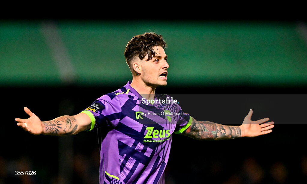4 September 2026; Ruairí Keating of Cork City reacts during the SSE Airtricity Men’s First Division match between Bray Wanderers and Cork City at the Carlisle Grounds in Bray, Wicklow. Photo by Piaras Ó Mídheach/Sportsfile