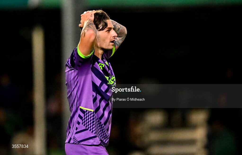 4 September 2026; Ruairí Keating of Cork City reacts during the SSE Airtricity Men’s First Division match between Bray Wanderers and Cork City at the Carlisle Grounds in Bray, Wicklow. Photo by Piaras Ó Mídheach/Sportsfile