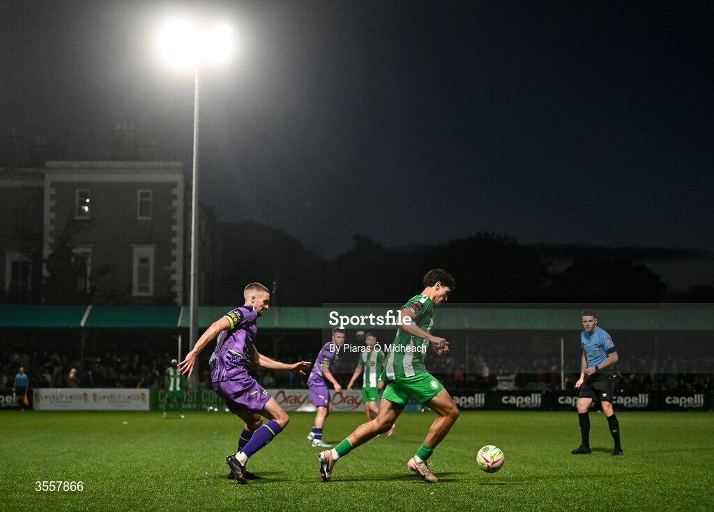 4 September 2026; Endri Mustali of Bray Wanderers in action against Fiacre Kelleher of Cork City during the SSE Airtricity Men’s First Division match between Bray Wanderers and Cork City at the Carlisle Grounds in Bray, Wicklow. Photo by Piaras Ó Mídheach/Sportsfile