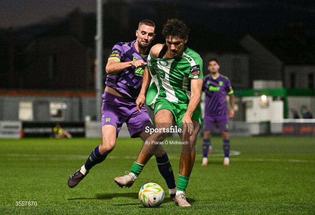 4 September 2026; Endri Mustali of Bray Wanderers in action against Fiacre Kelleher of Cork City during the SSE Airtricity Men’s First Division match between Bray Wanderers and Cork City at the Carlisle Grounds in Bray, Wicklow. Photo by Piaras Ó Mídheach/Sportsfile