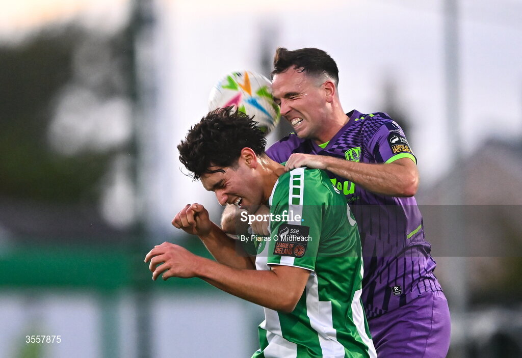4 September 2026; Endri Mustali of Bray Wanderers in action against Charlie Lyons of Cork City during the SSE Airtricity Men’s First Division match between Bray Wanderers and Cork City at the Carlisle Grounds in Bray, Wicklow. Photo by Piaras Ó Mídheach/Sportsfile