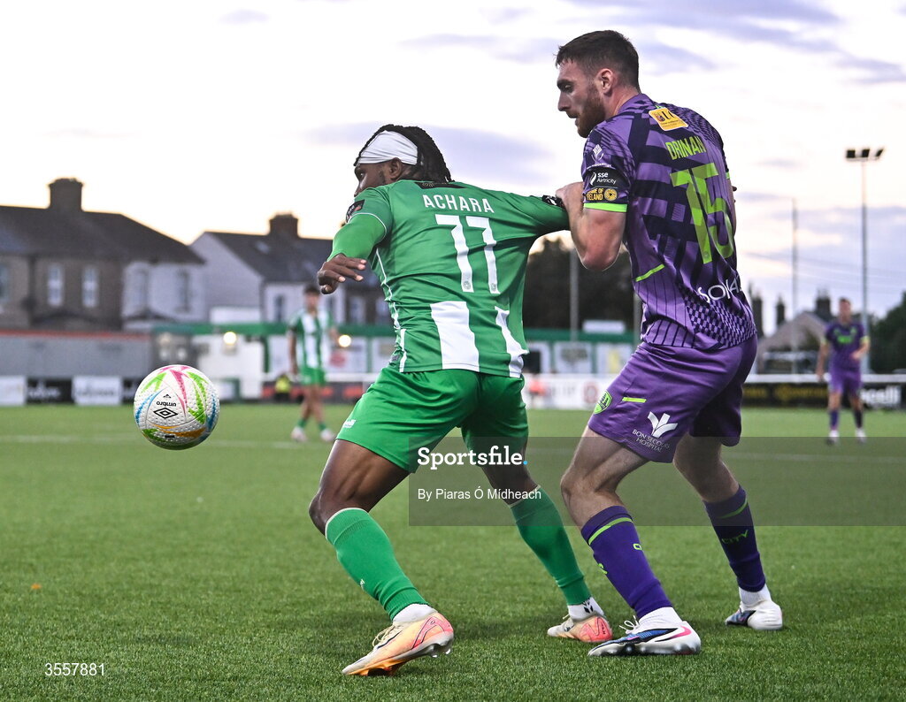 4 September 2026; Ifunanyachi Achara of Bray Wanderers in action against Conor Drinan of Cork City during the SSE Airtricity Men’s First Division match between Bray Wanderers and Cork City at the Carlisle Grounds in Bray, Wicklow. Photo by Piaras Ó Mídheach/Sportsfile