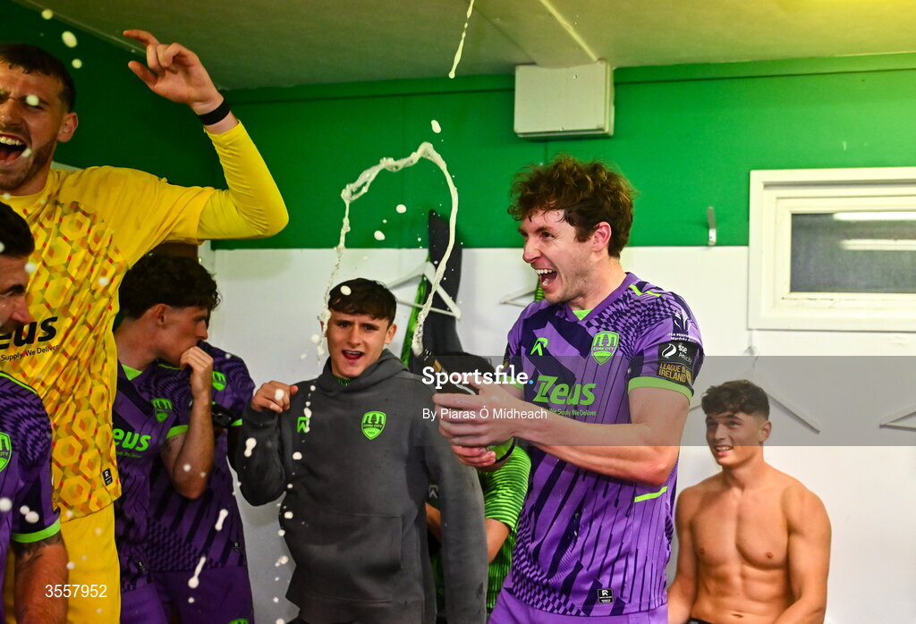 4 September 2026; Cork City captain Rory Feely celebrates with teammates after winning the SSE Airtricity Men’s First Division title after the drawn SSE Airtricity Men’s First Division match between Bray Wanderers and Cork City at the Carlisle Grounds in Bray, Wicklow. Photo by Piaras Ó Mídheach/Sportsfile