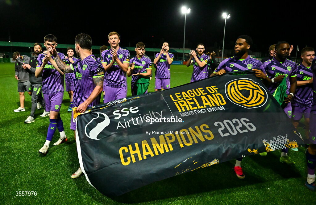 4 September 2026; Cork City celebrate after winning the SSE Airtricity Men’s First Division title after the drawn SSE Airtricity Men’s First Division match between Bray Wanderers and Cork City at the Carlisle Grounds in Bray, Wicklow. Photo by Piaras Ó Mídheach/Sportsfile