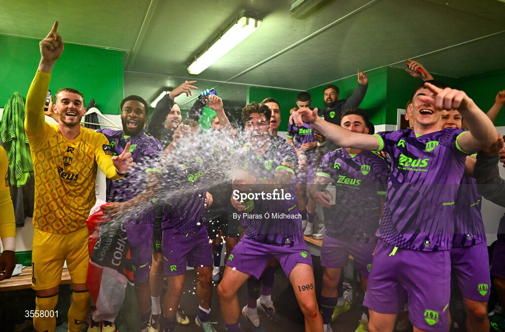 4 September 2026; Ruairi Keating and Cork City team-mates celebrate after winning the SSE Airtricity Men’s First Division title after victory in the SSE Airtricity Men’s First Division match between Bray Wanderers and Cork City at the Carlisle Grounds in Bray, Wicklow. Photo by Piaras Ó Mídheach/Sportsfile