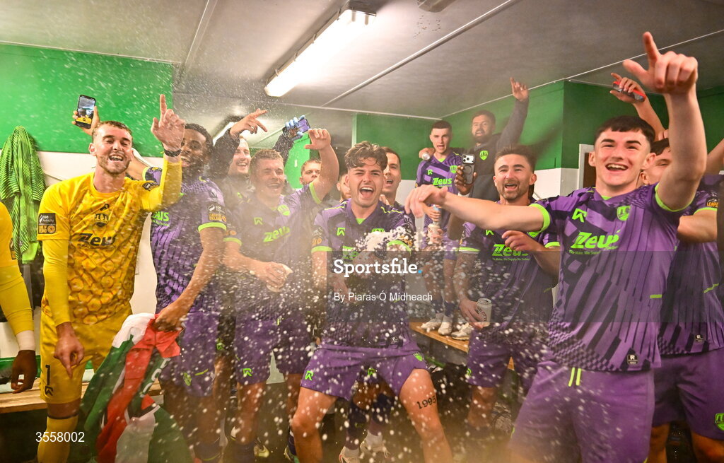 4 September 2026; Ruairi Keating and Cork City team-mates celebrate after winning the SSE Airtricity Men’s First Division title after victory in the SSE Airtricity Men’s First Division match between Bray Wanderers and Cork City at the Carlisle Grounds in Bray, Wicklow. Photo by Piaras Ó Mídheach/Sportsfile