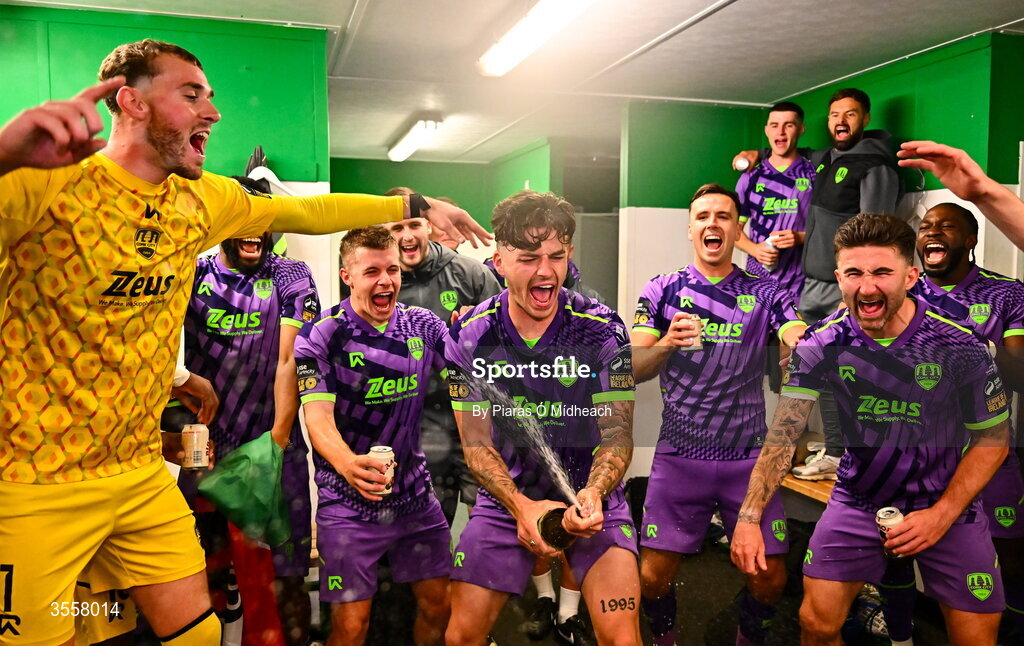 4 September 2026; Ruairi Keating and Cork City team-mates celebrate after winning the SSE Airtricity Men’s First Division title after a draw in the SSE Airtricity Men’s First Division match between Bray Wanderers and Cork City at the Carlisle Grounds in Bray, Wicklow. Photo by Piaras Ó Mídheach/Sportsfile