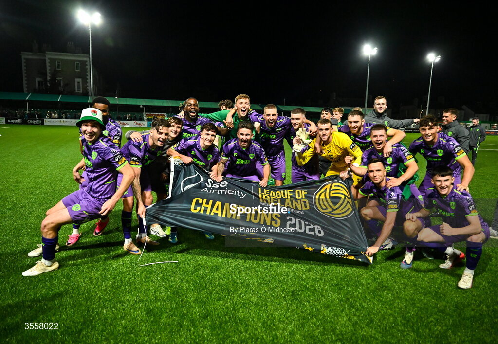 4 September 2026; Cork City celebrate after winning the SSE Airtricity Men’s First Division title after their draw in the SSE Airtricity Men’s First Division match between Bray Wanderers and Cork City at the Carlisle Grounds in Bray, Wicklow. Photo by Piaras Ó Mídheach/Sportsfile