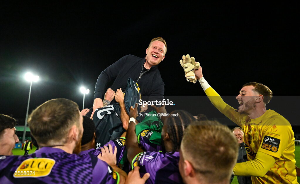 4 September 2026; Cork City manager Barry Robson is held aloft in the celebrations following the SSE Airtricity Men’s First Division match between Bray Wanderers and Cork City at Carlisle Grounds in Bray, Wicklow. Photo by Piaras Ó Mídheach/Sportsfile