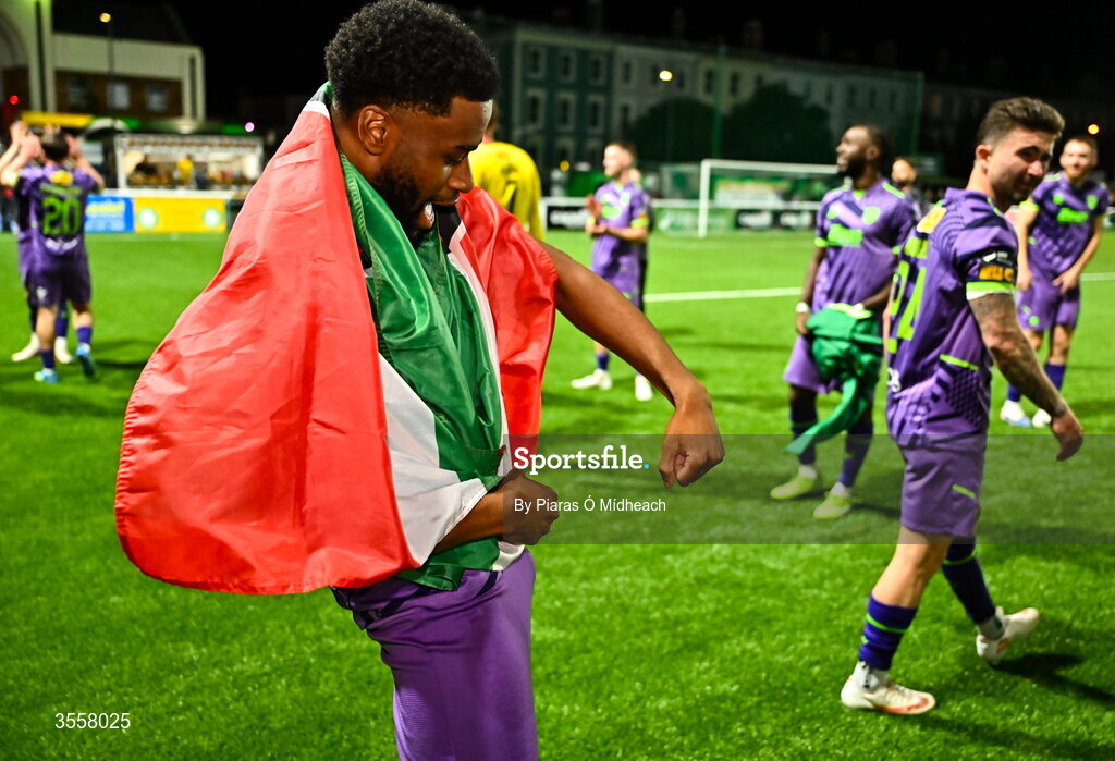 4 September 2026; Hans Mpongo of Cork City celebrates after the SSE Airtricity Men’s First Division match between Bray Wanderers and Cork City at Carlisle Grounds in Bray, Wicklow. Photo by Piaras Ó Mídheach/Sportsfile
