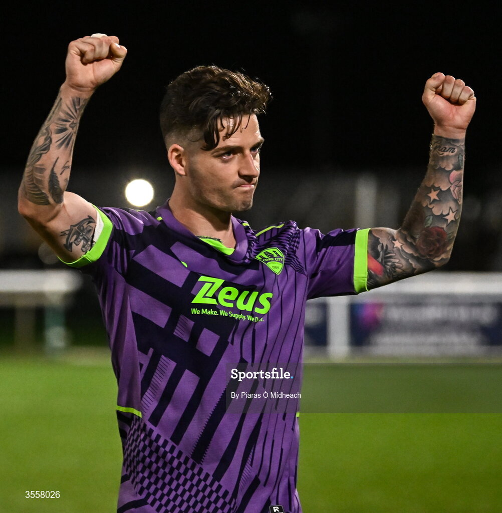 4 September 2026; Ruairi Keating of Cork City celebrates after the SSE Airtricity Men’s First Division match between Bray Wanderers and Cork City at Carlisle Grounds in Bray, Wicklow. Photo by Piaras Ó Mídheach/Sportsfile