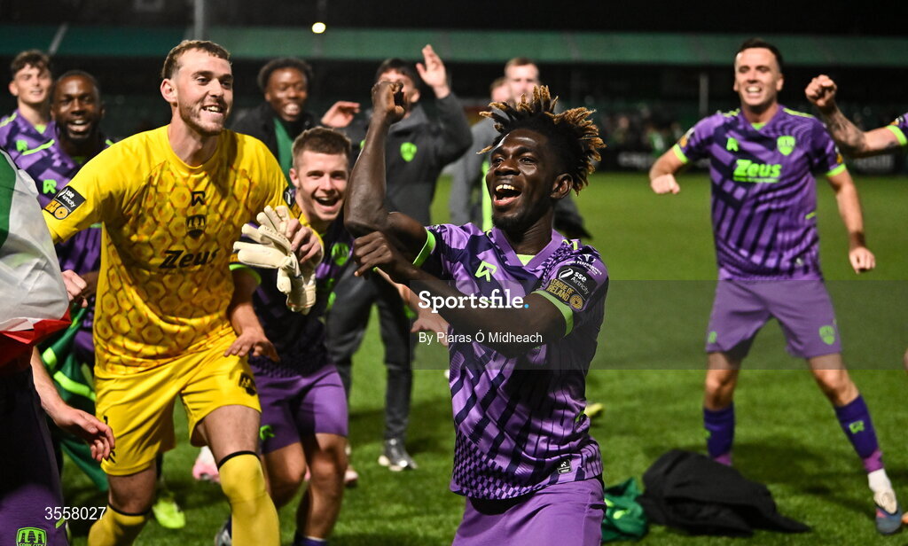 4 September 2026; Joe Aidoo of Cork City celebrates after the SSE Airtricity Men’s First Division match between Bray Wanderers and Cork City at Carlisle Grounds in Bray, Wicklow. Photo by Piaras Ó Mídheach/Sportsfile