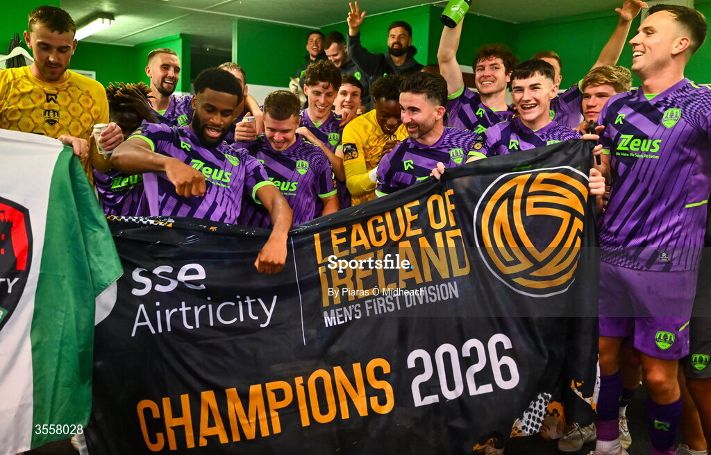 4 September 2026; Cork City celebrate after winning the SSE Airtricity Men’s First Division title after their draw in the SSE Airtricity Men’s First Division match between Bray Wanderers and Cork City at the Carlisle Grounds in Bray, Wicklow. Photo by Piaras Ó Mídheach/Sportsfile