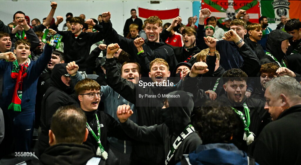 4 September 2026; Cork City supporters celebrate after winning the SSE Airtricity Men’s First Division title after their drawn SSE Airtricity Men’s First Division match between Bray Wanderers and Cork City at the Carlisle Grounds in Bray, Wicklow. Photo by Piaras Ó Mídheach/Sportsfile
