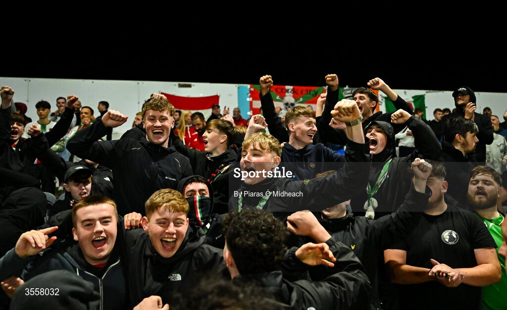 4 September 2026; Cork City supporters celebrate after winning the SSE Airtricity Men’s First Division title after their drawn SSE Airtricity Men’s First Division match between Bray Wanderers and Cork City at the Carlisle Grounds in Bray, Wicklow. Photo by Piaras Ó Mídheach/Sportsfile