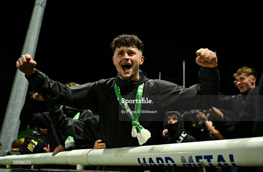 4 September 2026; Cork City supporters celebrate after winning the SSE Airtricity Men’s First Division title after their drawn SSE Airtricity Men’s First Division match between Bray Wanderers and Cork City at the Carlisle Grounds in Bray, Wicklow. Photo by Piaras Ó Mídheach/Sportsfile