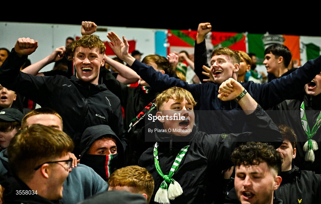 4 September 2026; Cork City supporters celebrate after winning the SSE Airtricity Men’s First Division title after their drawn SSE Airtricity Men’s First Division match between Bray Wanderers and Cork City at the Carlisle Grounds in Bray, Wicklow. Photo by Piaras Ó Mídheach/Sportsfile