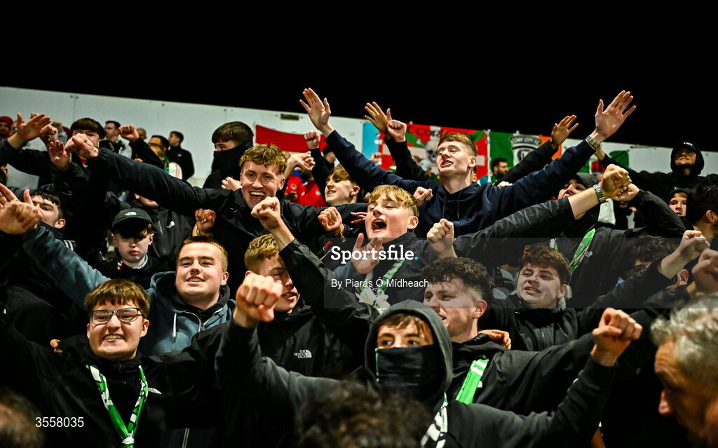 4 September 2026; Cork City supporters celebrate after winning the SSE Airtricity Men’s First Division title after their drawn SSE Airtricity Men’s First Division match between Bray Wanderers and Cork City at the Carlisle Grounds in Bray, Wicklow. Photo by Piaras Ó Mídheach/Sportsfile