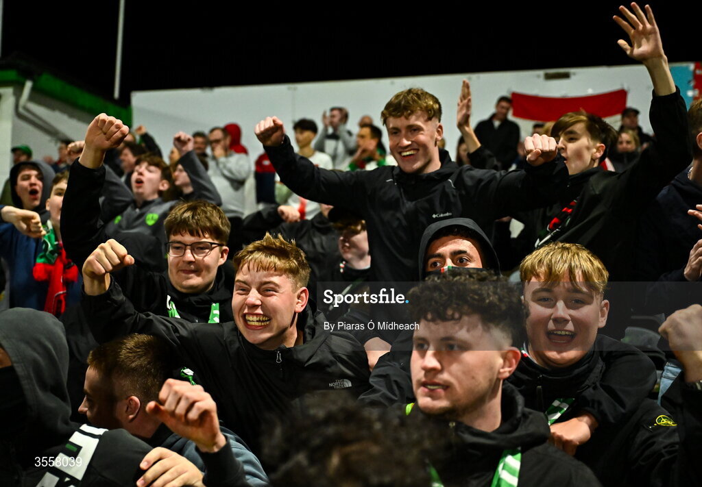 4 September 2026; Cork City supporters celebrate after winning the SSE Airtricity Men’s First Division title after their drawn SSE Airtricity Men’s First Division match between Bray Wanderers and Cork City at the Carlisle Grounds in Bray, Wicklow. Photo by Piaras Ó Mídheach/Sportsfile