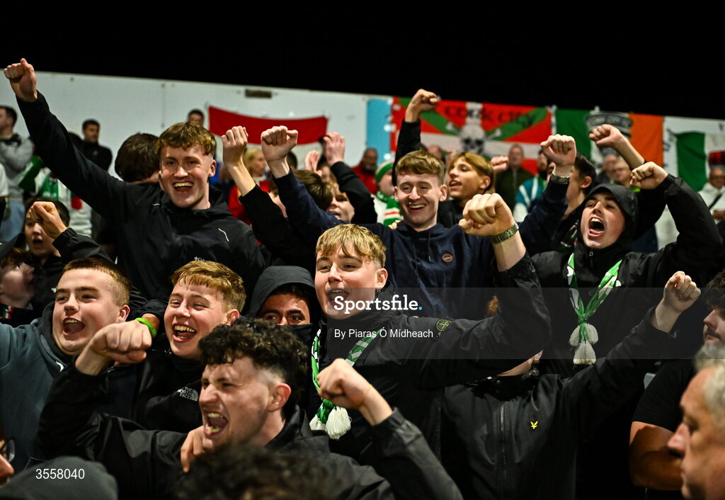 4 September 2026; Cork City supporters celebrate after winning the SSE Airtricity Men’s First Division title after their drawn SSE Airtricity Men’s First Division match between Bray Wanderers and Cork City at the Carlisle Grounds in Bray, Wicklow. Photo by Piaras Ó Mídheach/Sportsfile