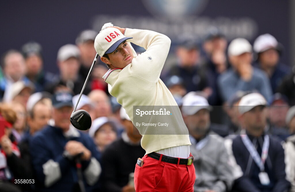 5 September 2026; Preston Stout of USA watches his tee shot on the first hole during the foursomes matches on day one of the 51st Walker Cup at Lahinch Golf Club in Lahinch, Clare. Photo by Ramsey Cardy/Sportsfile