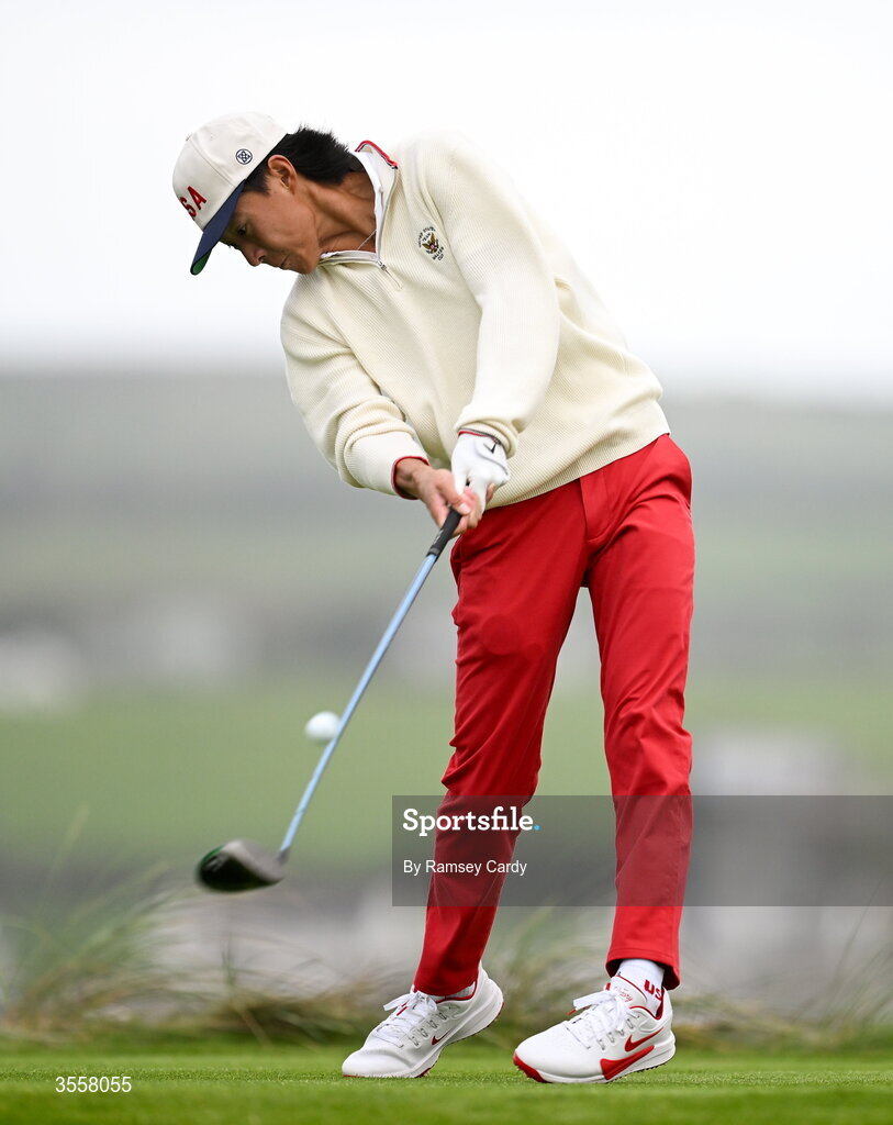 5 September 2026; Ethan Fang of USA plays his tee shot on the second hole during the foursomes matches on day one of the 51st Walker Cup at Lahinch Golf Club in Lahinch, Clare. Photo by Ramsey Cardy/Sportsfile
