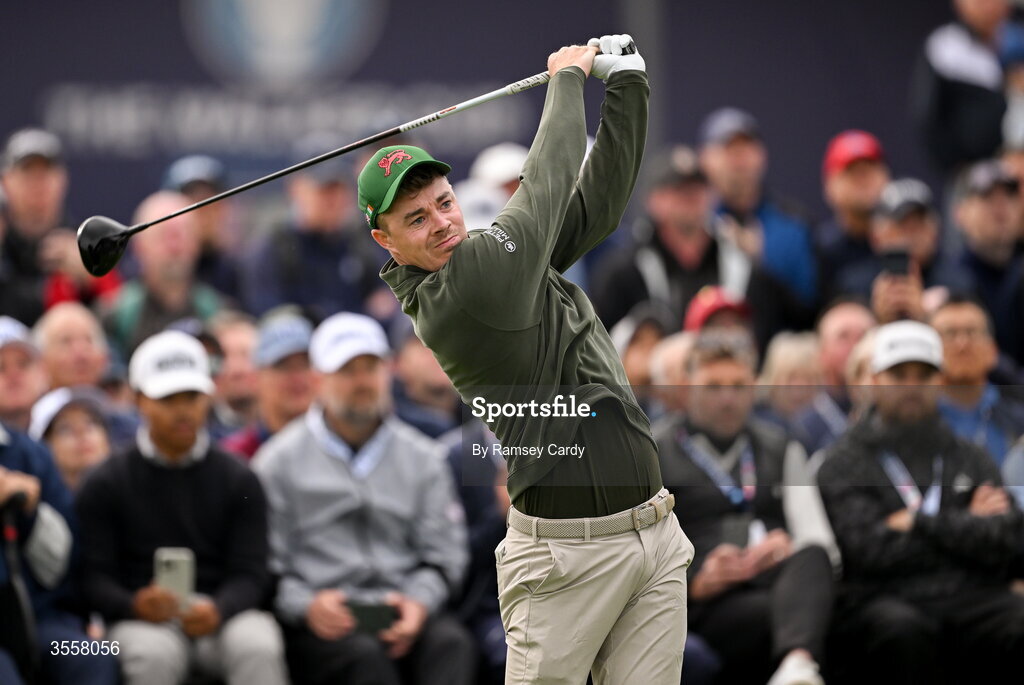 5 September 2026; Stuart Grehan of Great Britain and Ireland watches his tee shot on the first hole during the foursomes matches on day one of the 51st Walker Cup at Lahinch Golf Club in Lahinch, Clare. Photo by Ramsey Cardy/Sportsfile