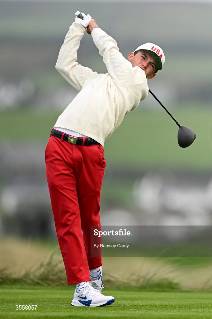 5 September 2026; Miles Russell of USA watches his tee shot on the second hole during the foursomes matches on day one of the 51st Walker Cup at Lahinch Golf Club in Lahinch, Clare. Photo by Ramsey Cardy/Sportsfile