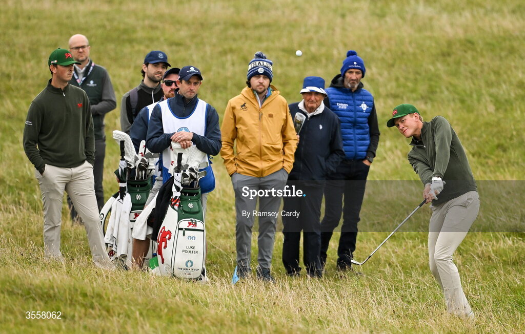 5 September 2026; Luke Poulter of Great Britain and Ireland plays out of the rough on the first hole during the foursomes matches on day one of the 51st Walker Cup at Lahinch Golf Club in Lahinch, Clare. Photo by Ramsey Cardy/Sportsfile