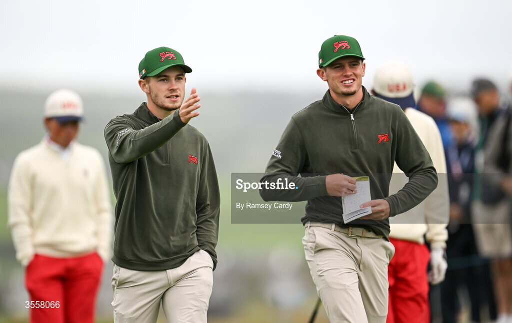 5 September 2026; Connor Graham, left, and Tyler Weaver of Great Britain and Ireland during the foursomes matches on day one of the 51st Walker Cup at Lahinch Golf Club in Lahinch, Clare. Photo by Ramsey Cardy/Sportsfile