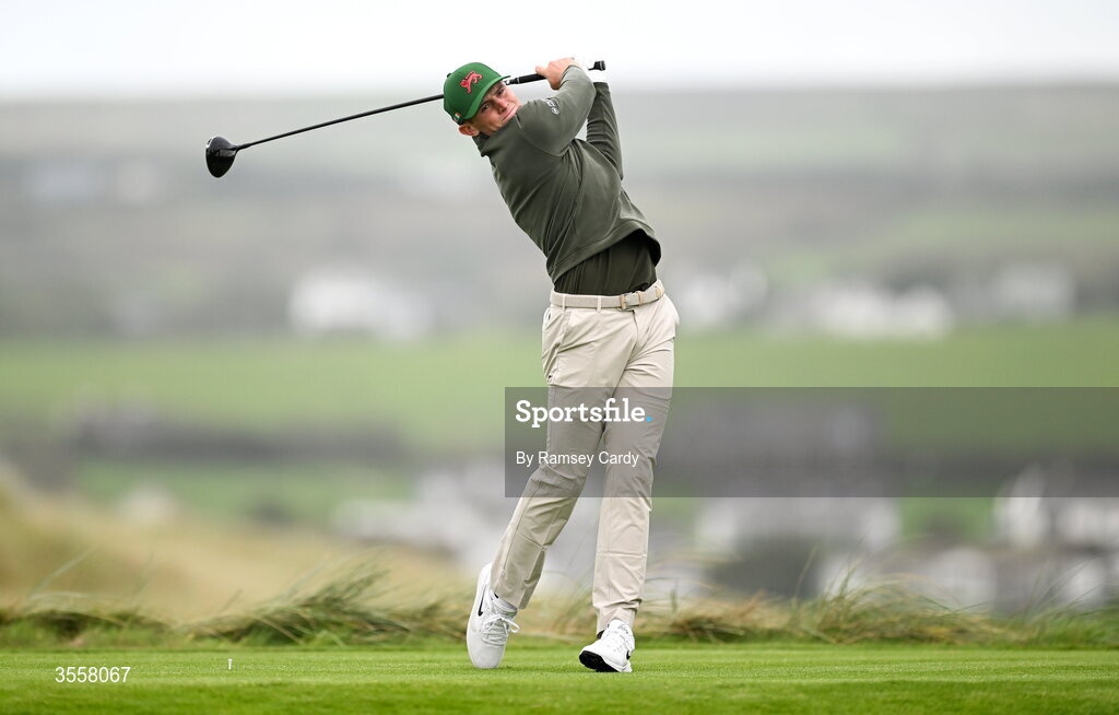5 September 2026; Tyler Weaver of Great Britain and Ireland watches his tee shot on the second hole during the foursomes matches on day one of the 51st Walker Cup at Lahinch Golf Club in Lahinch, Clare. Photo by Ramsey Cardy/Sportsfile